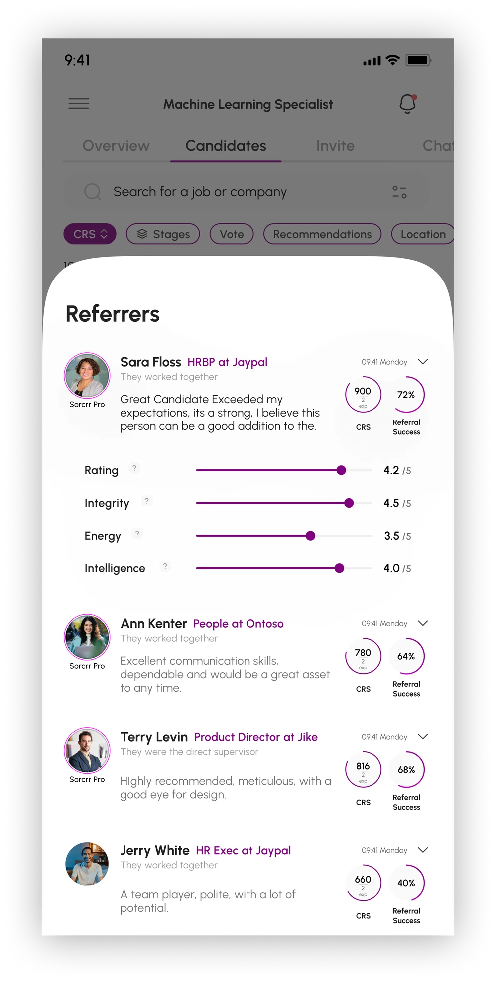 Sorcrr referrer list with Career Rank Score and referral success